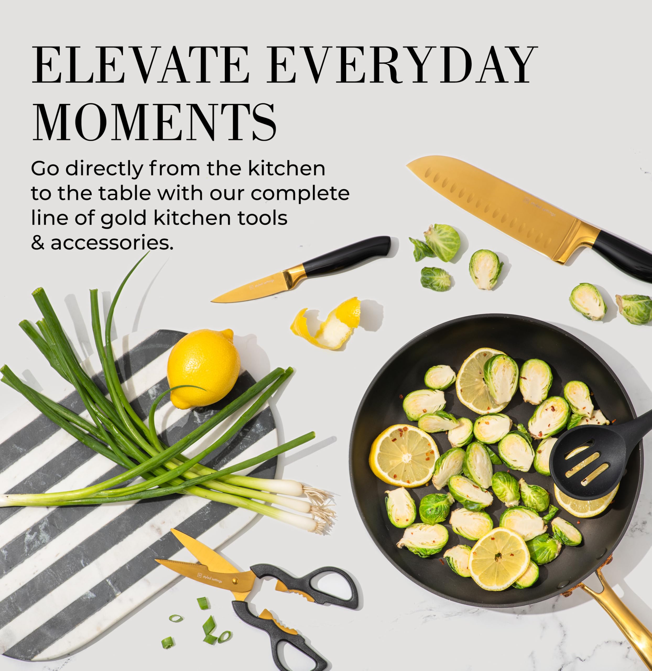 STYLED SETTINGS countertop display complements modern black and gold kitchen decor