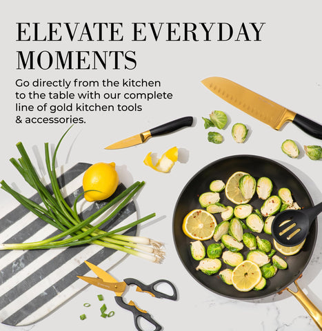 STYLED SETTINGS countertop display complements modern black and gold kitchen decor