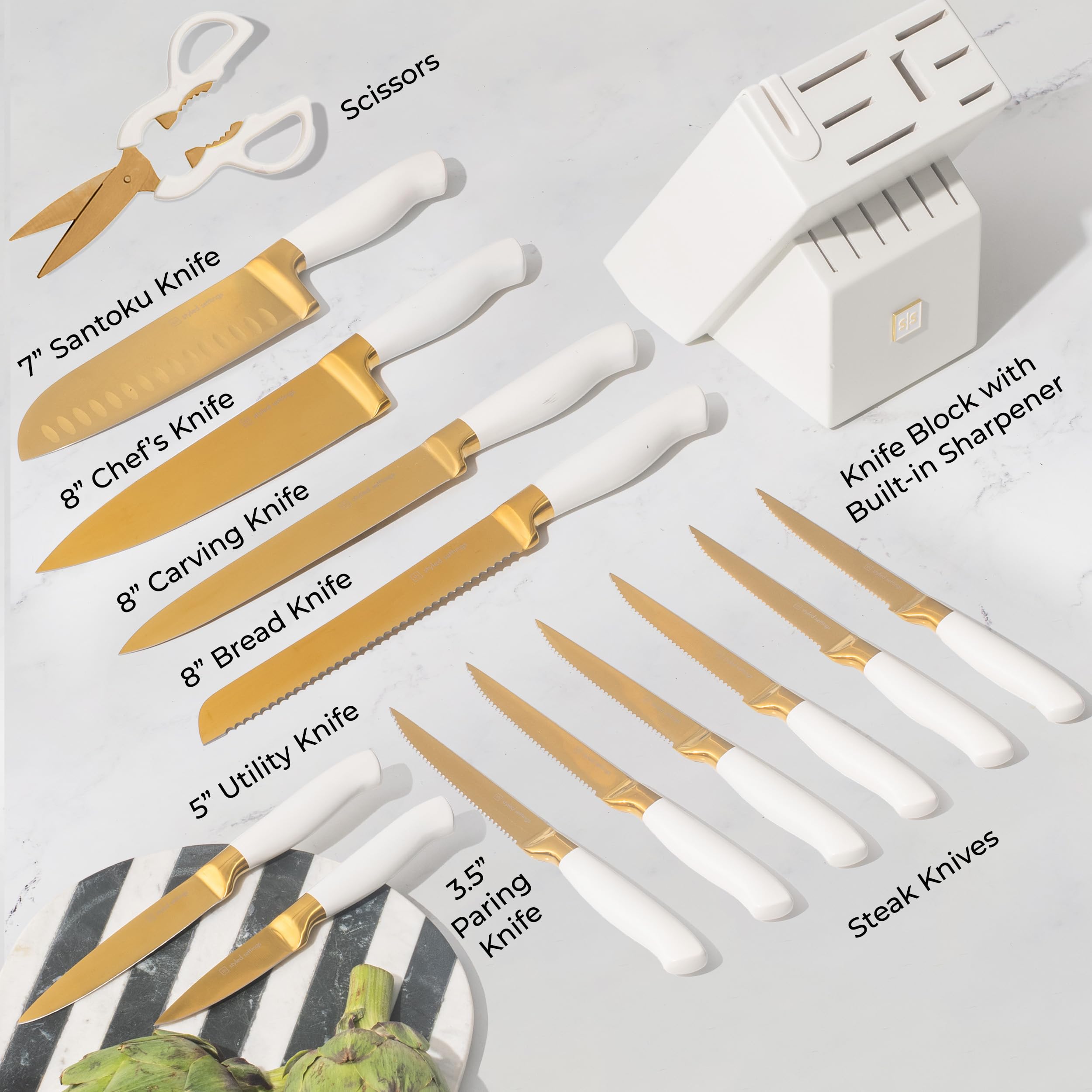 STYLED SETTINGS gold-toned steak knives featured in the 14-piece set for precise slicing