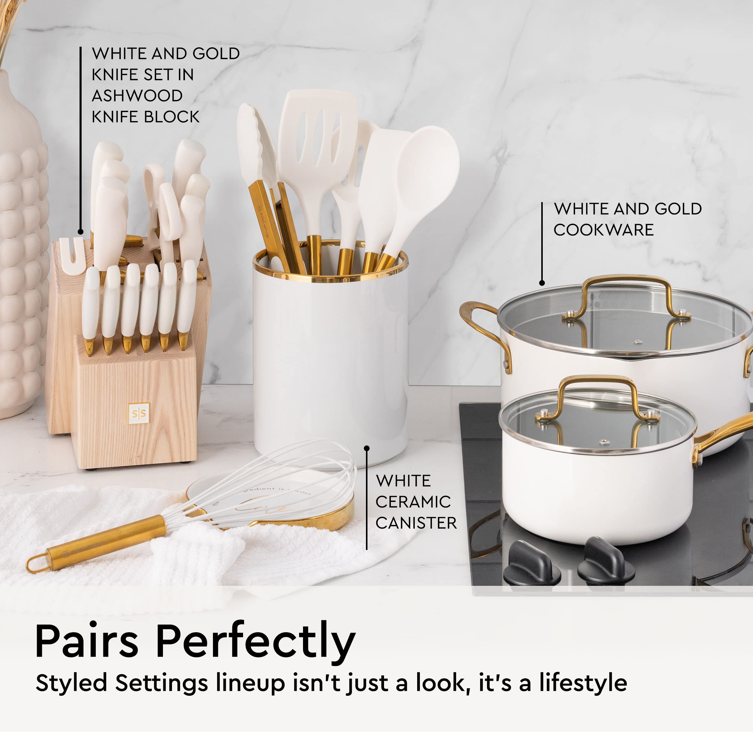 STYLED SETTINGS gold slotted turner front view, safe for nonstick pans and easy flipping.