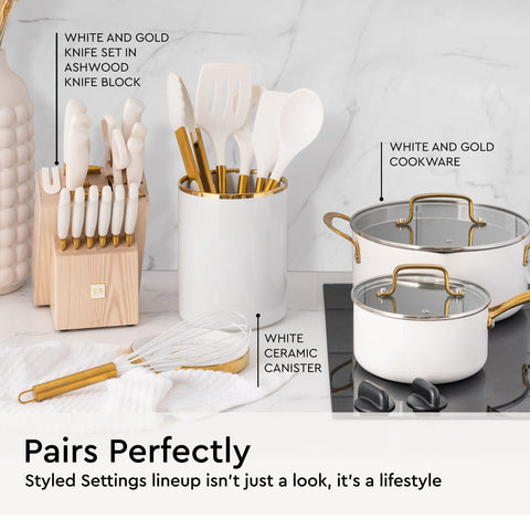 STYLED SETTINGS gold slotted turner front view, safe for nonstick pans and easy flipping.