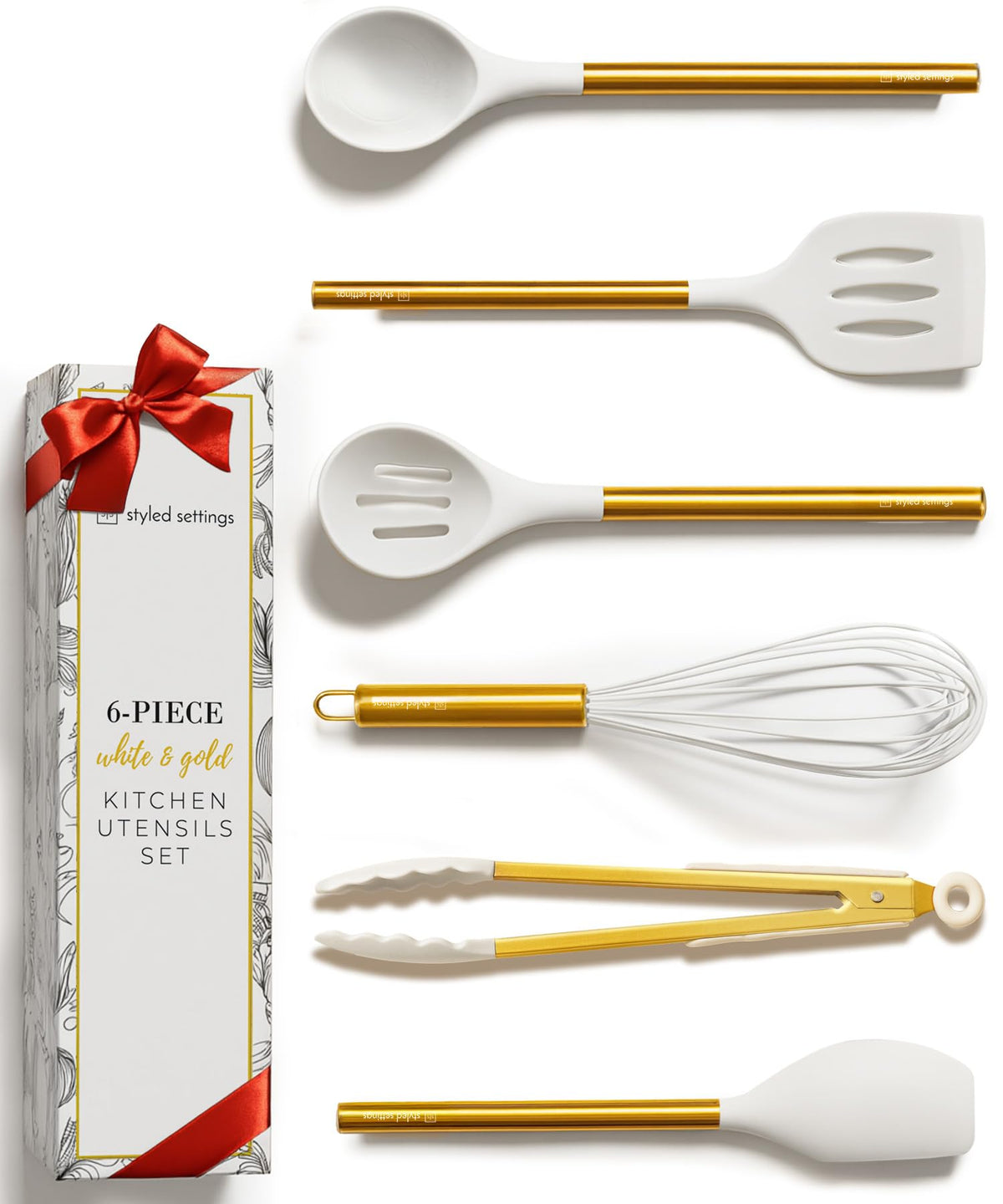 STYLED SETTINGS gold spatula front view, gentle on nonstick pans and stylish on the counter.