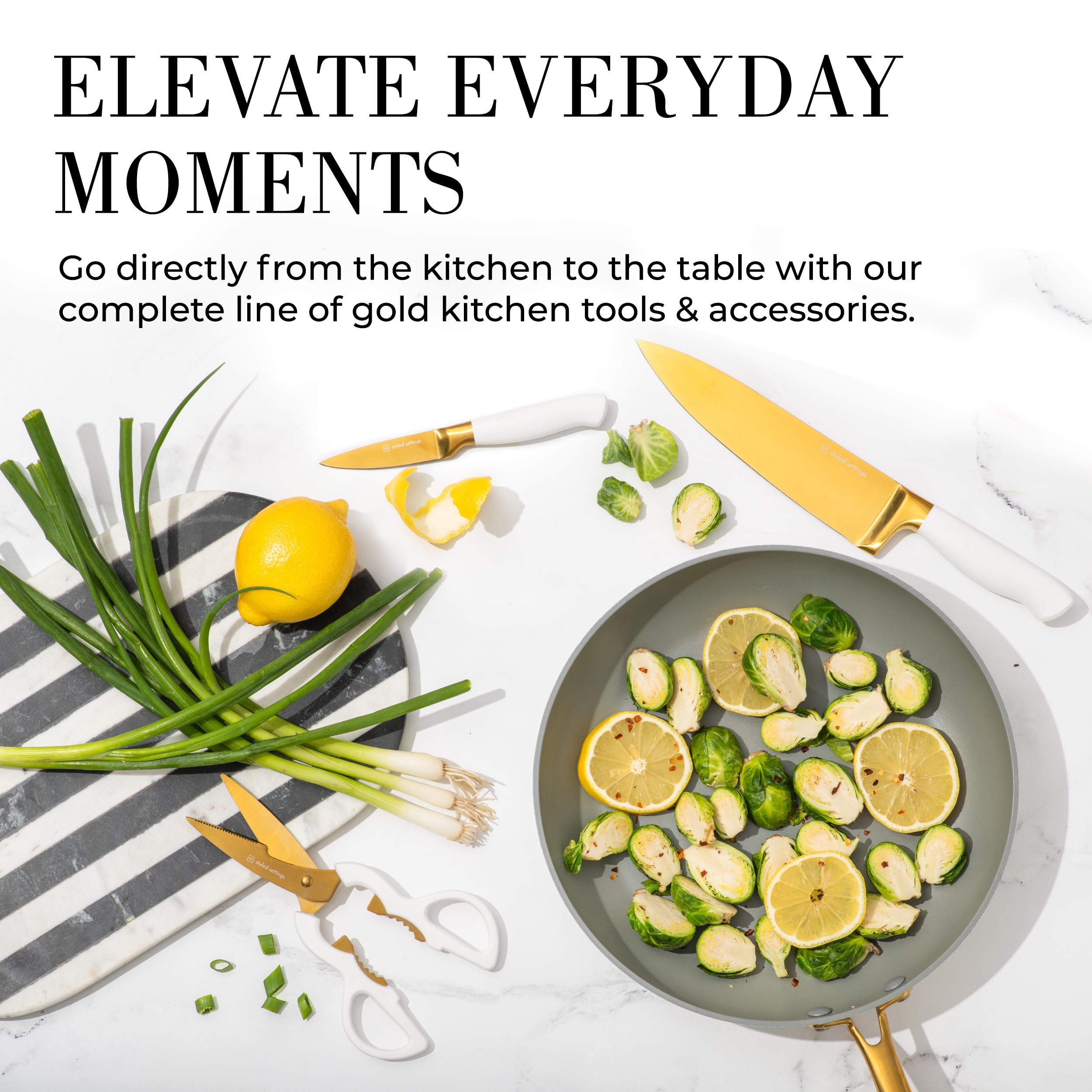 STYLED SETTINGS luxury white and gold knife set enhances upscale kitchen decor