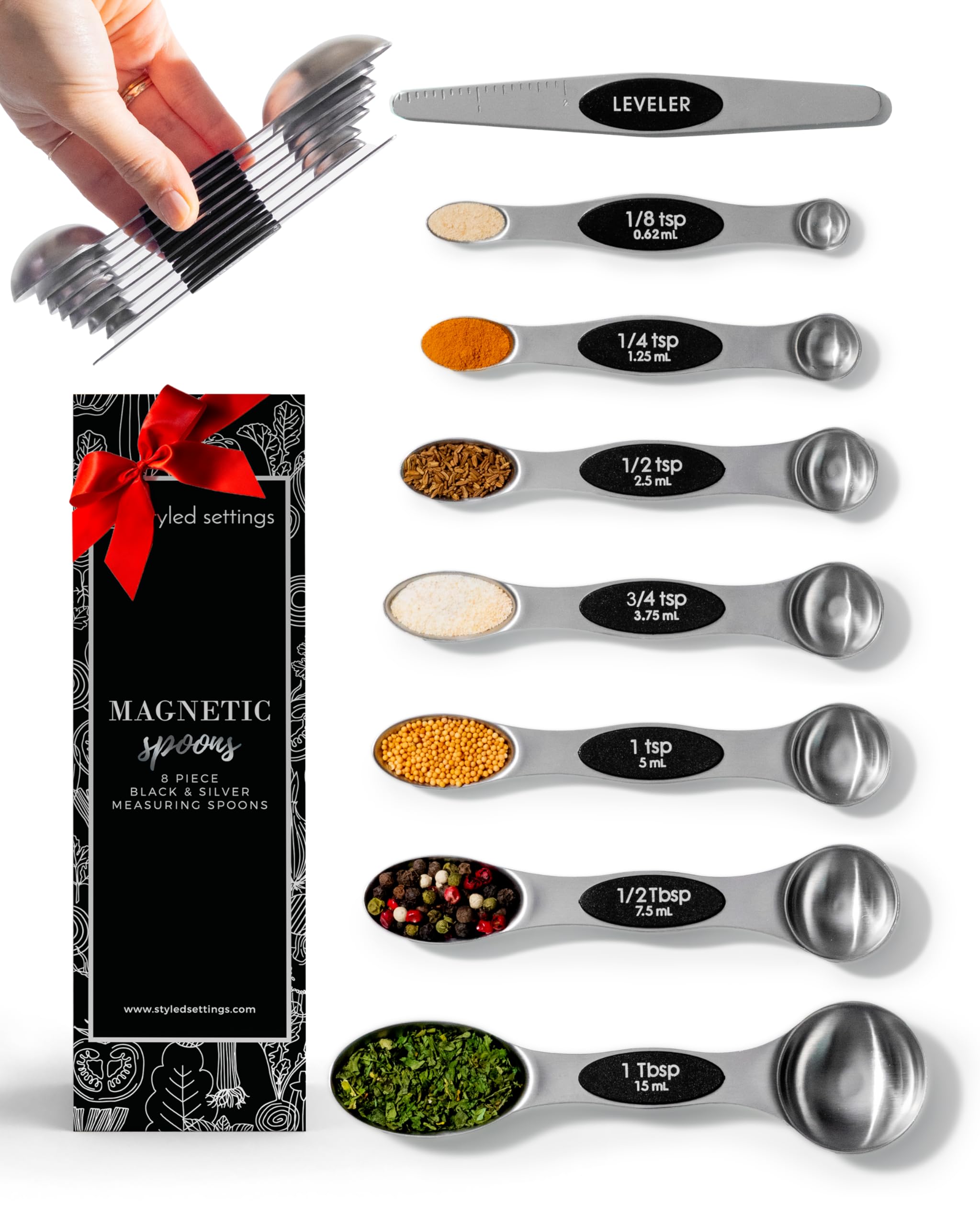 Styled Settings Stanless Steel magnetic spoons with leveler on counter for precise measurements