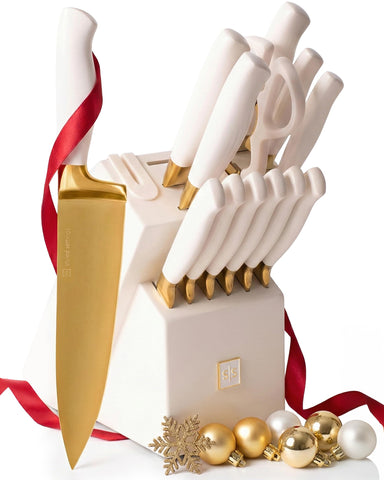 STYLED SETTINGS white and gold knife block on the counter keeps knives ready for meal prep