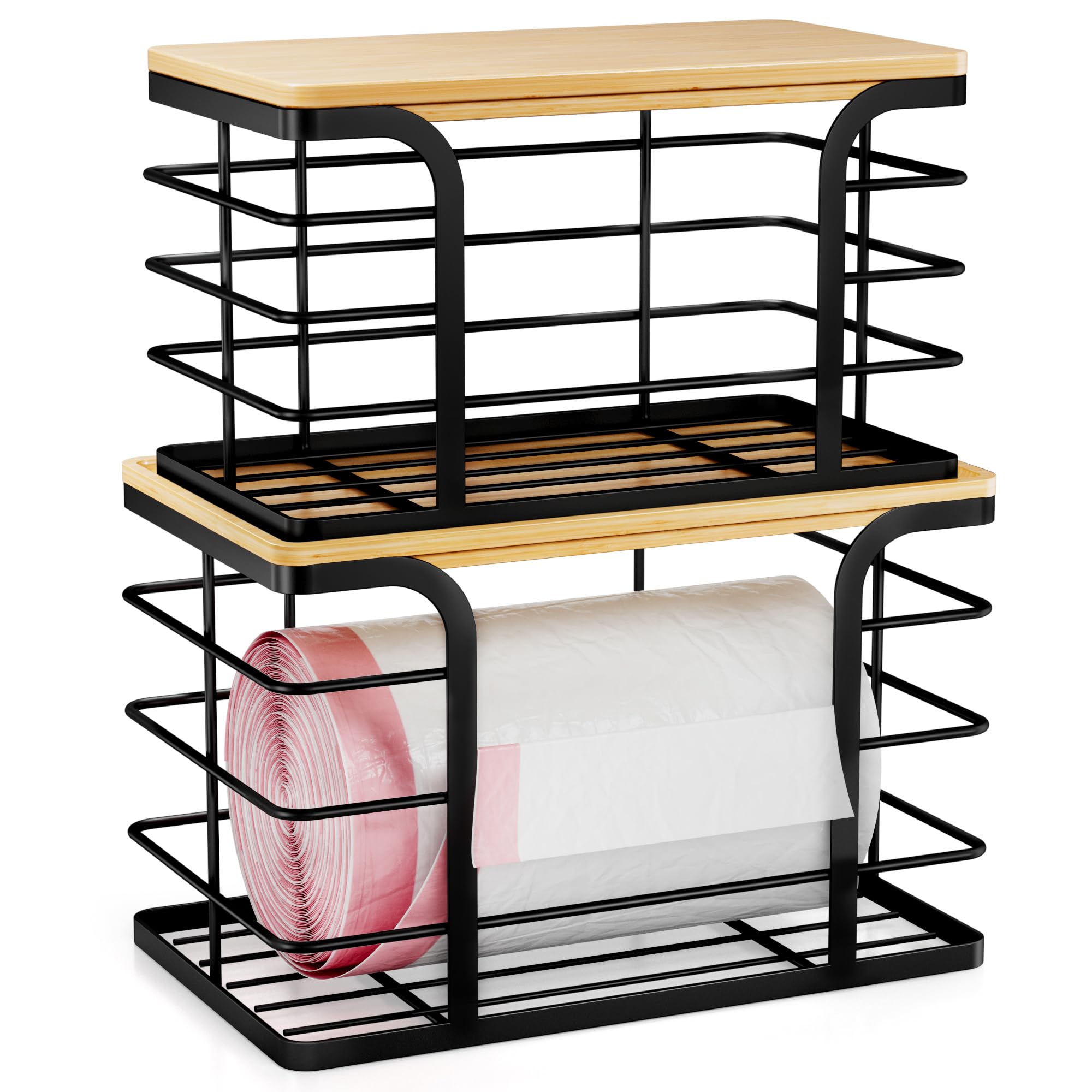 Stylstoreazy bamboo-top trash bag holder with durable stainless steel basket.