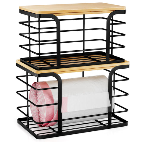 Stylstoreazy bamboo-top trash bag holder with durable stainless steel basket.
