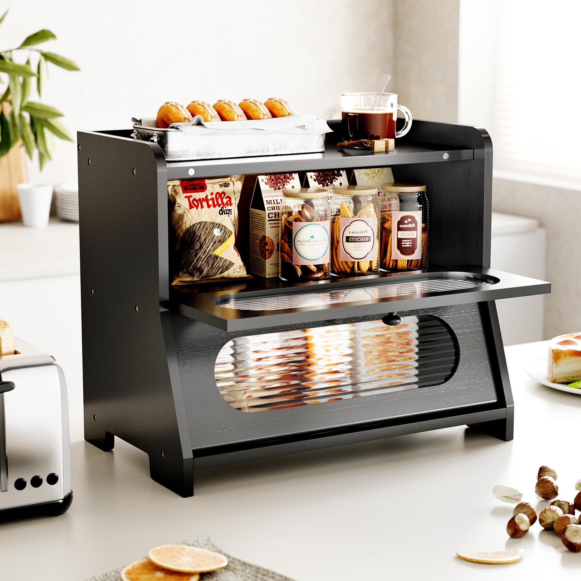 Stylstoreazy bread box with acrylic wave door offers clear visibility.