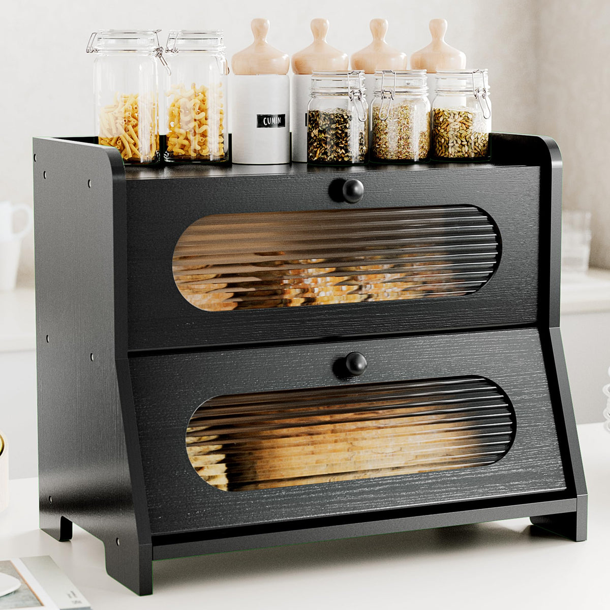 Stylstoreazy bread box front view with dual doors for easy access.