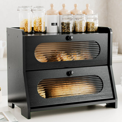 Stylstoreazy bread box front view with dual doors for easy access.