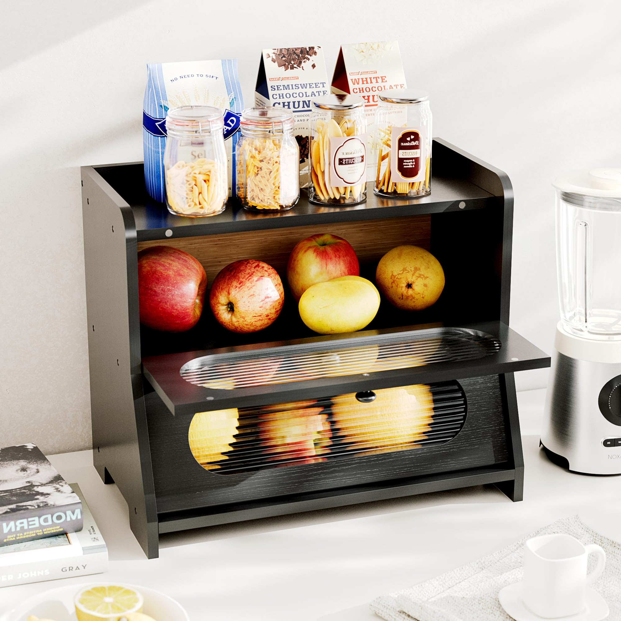 Stylstoreazy bread box stores bread, fruits, snacks, and coffee supplies.