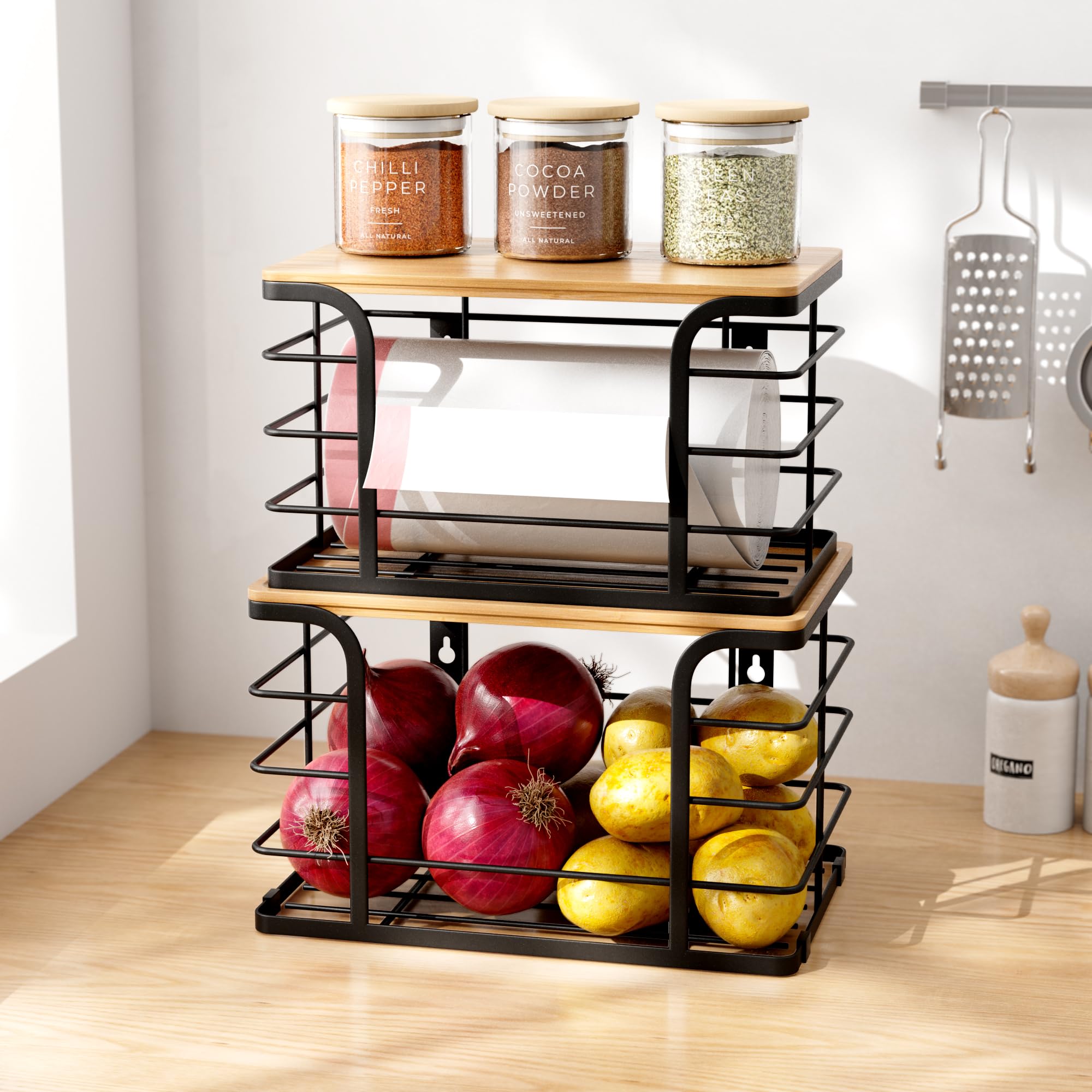 Stackable bamboo top used as extra shelf for soap or snacks