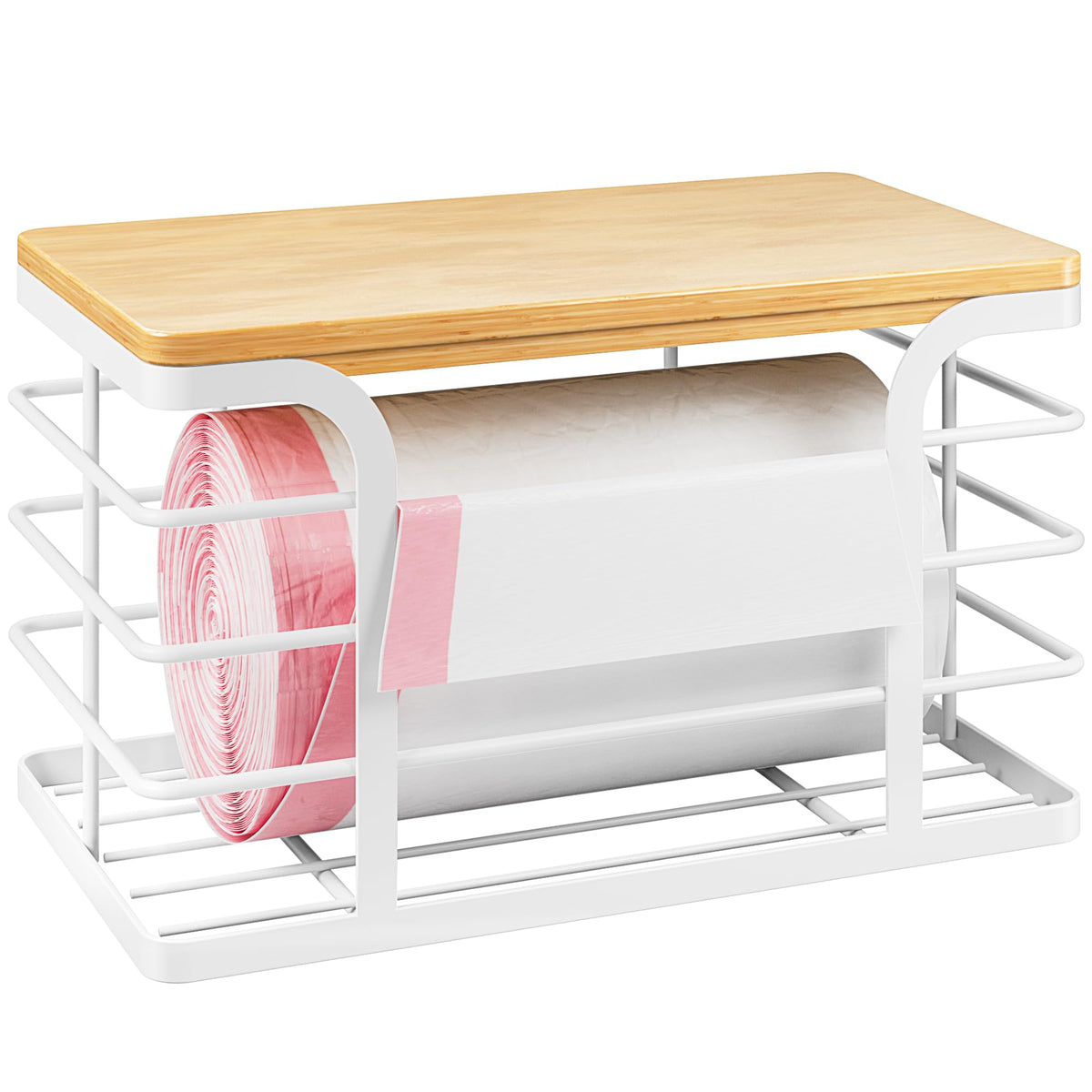 Stylstoreazy trash bag holder with bamboo top and front-opening basket.