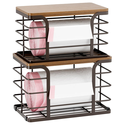 Stylstoreazy trash bag dispenser with large bamboo-top design for easy countertop access.