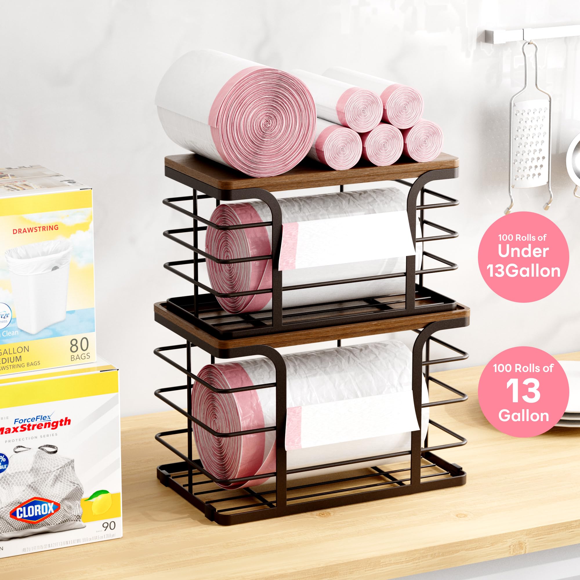 Stylstoreazy compact trash bag dispenser with bamboo top fits tight spaces.