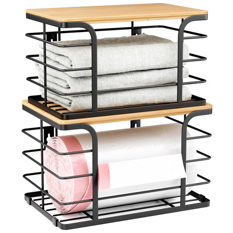 Stylstoreazy two-pack trash bag holder with bamboo top on counter, space-saving design