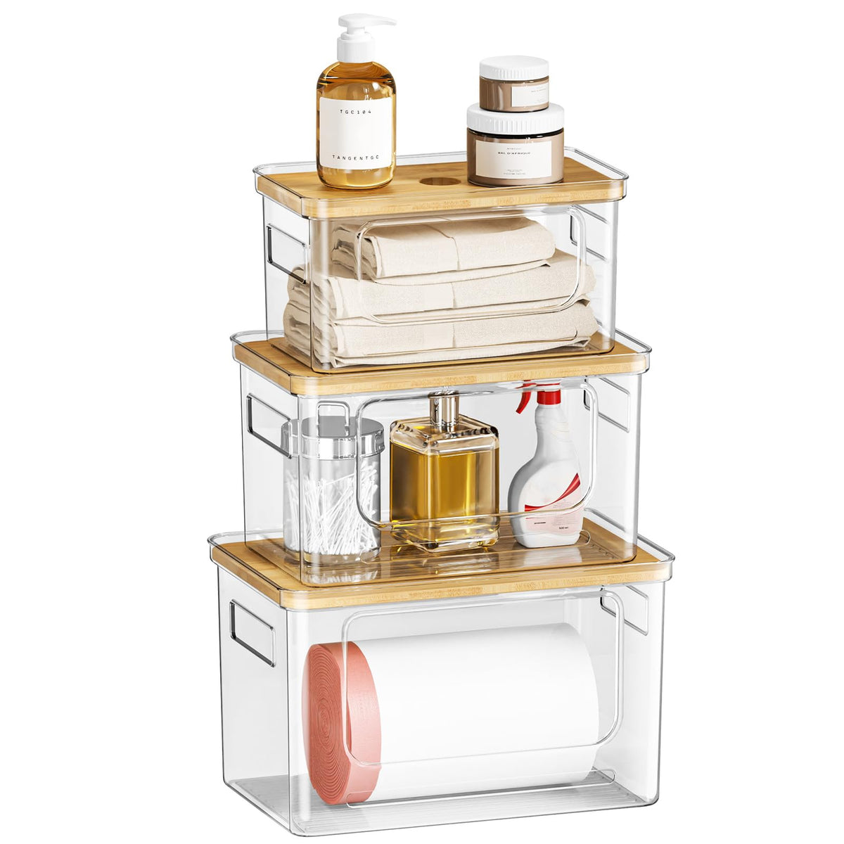 SUBEKYU under-sink organizer trio keeps cleaning supplies neatly stored under the cabinet.