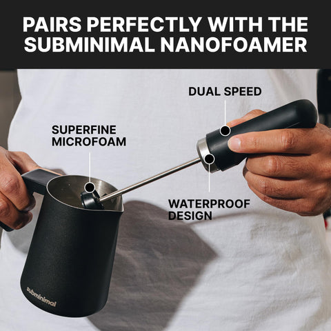 Subminimal FlowTip Milk Jug 450ml capacity supports multiple drinks per session.