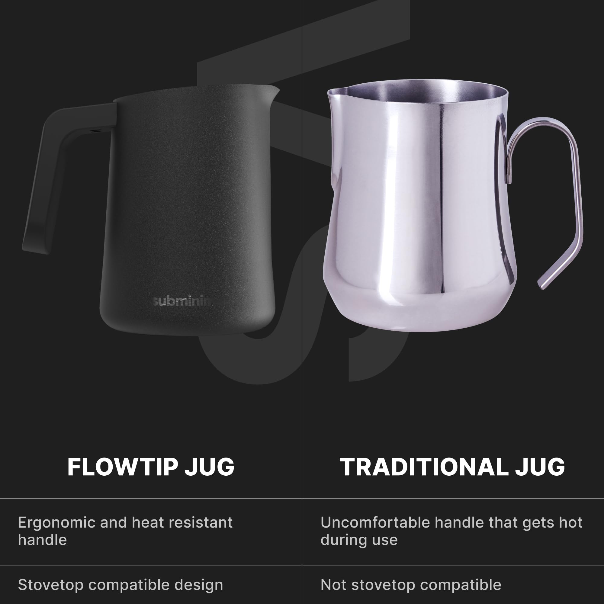 Subminimal FlowTip Milk Jug dishwasher safe with included mini cleaning brush.