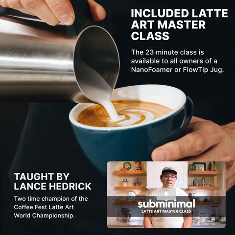 Subminimal FlowTip Milk Jug creates velvety microfoam for cappuccinos and flat whites.