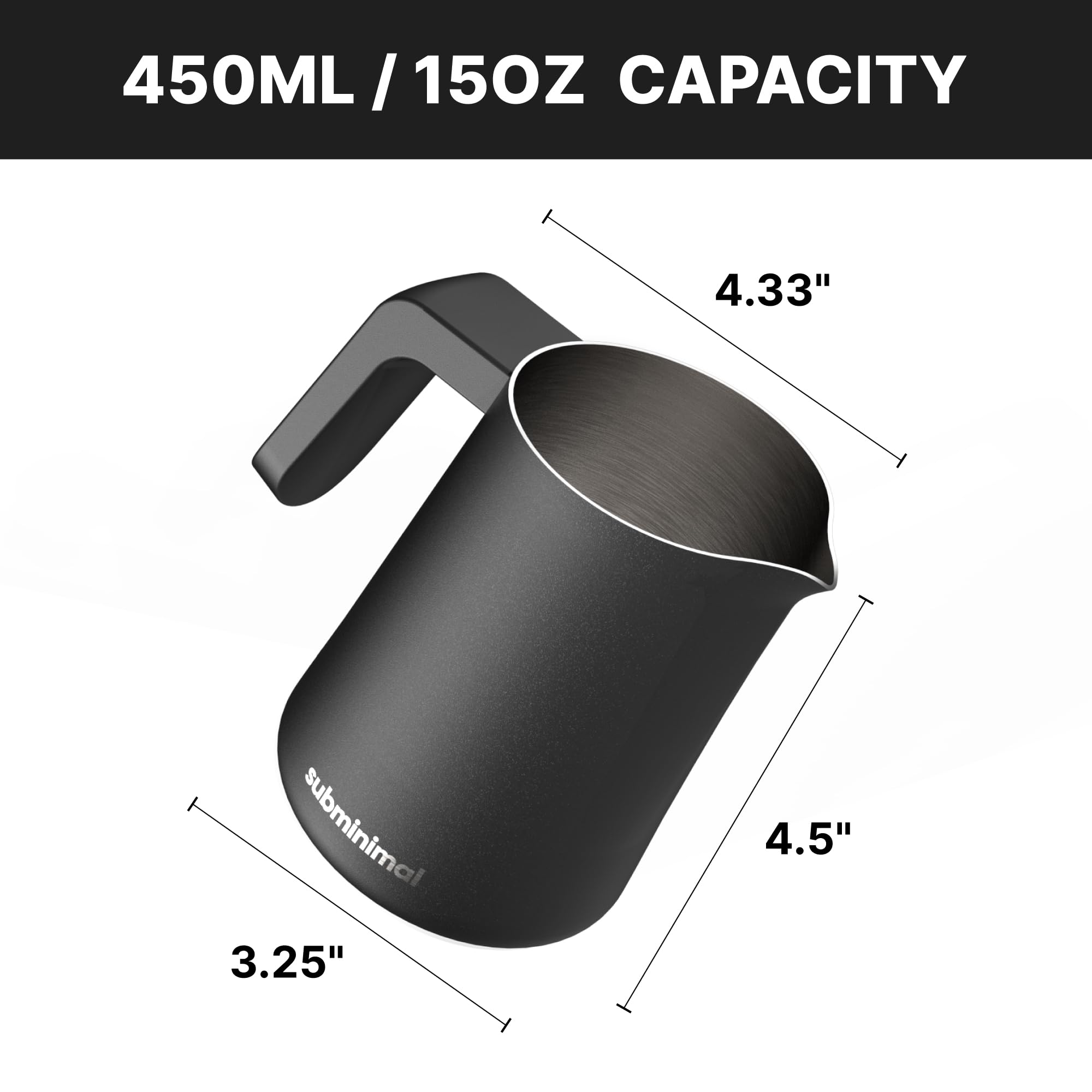 Subminimal FlowTip Milk Jug heat-resistant handle for safe, comfortable pouring.