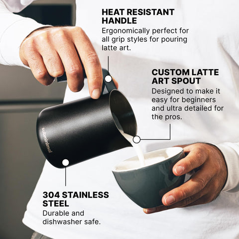 Subminimal FlowTip Milk Jug spout design enables smooth, detailed latte art pours.