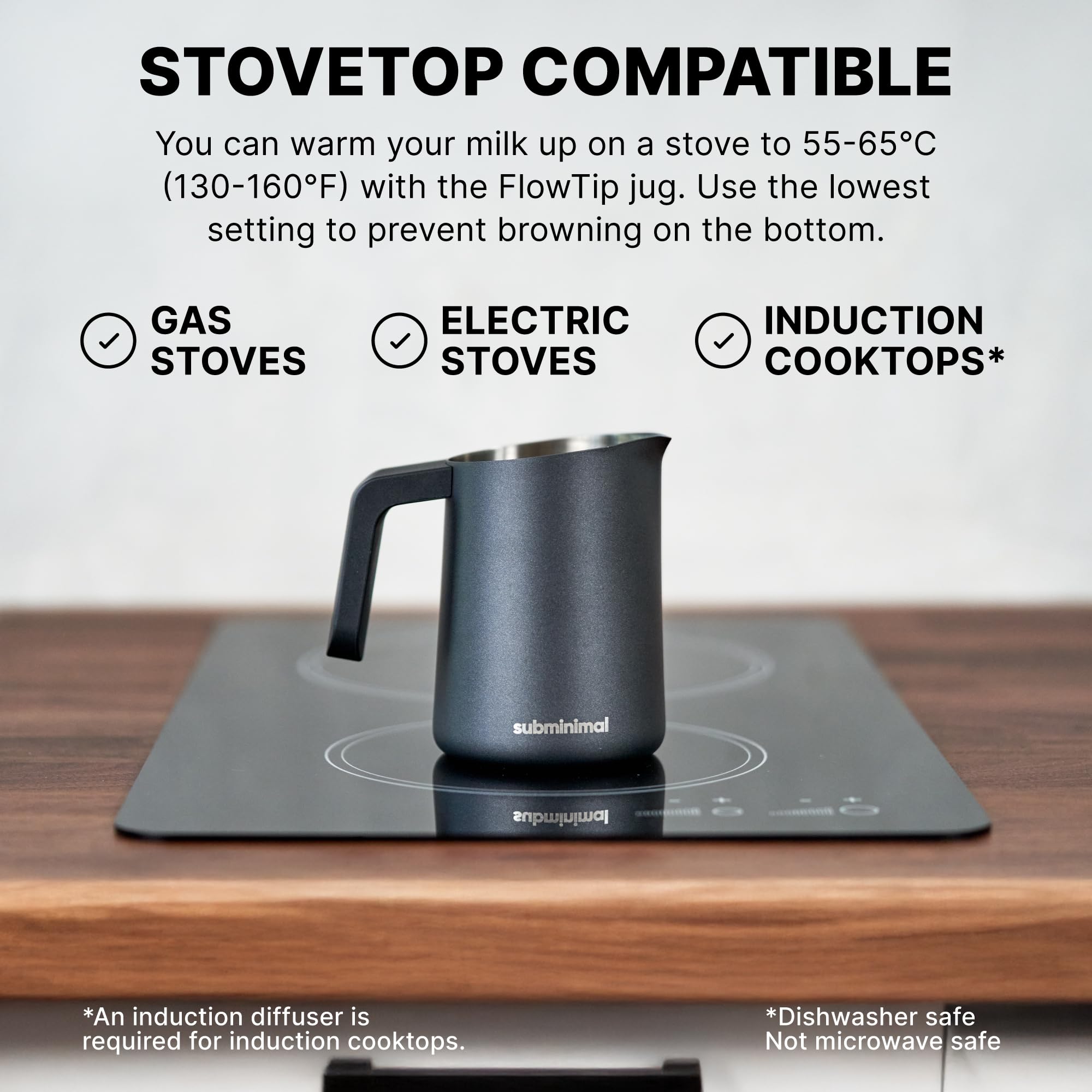 Subminimal FlowTip Milk Jug on stovetop used to heat milk for cafe-style drinks.