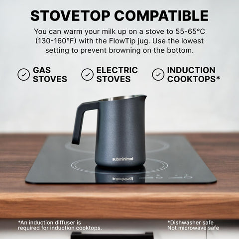 Subminimal FlowTip Milk Jug on stovetop used to heat milk for cafe-style drinks.