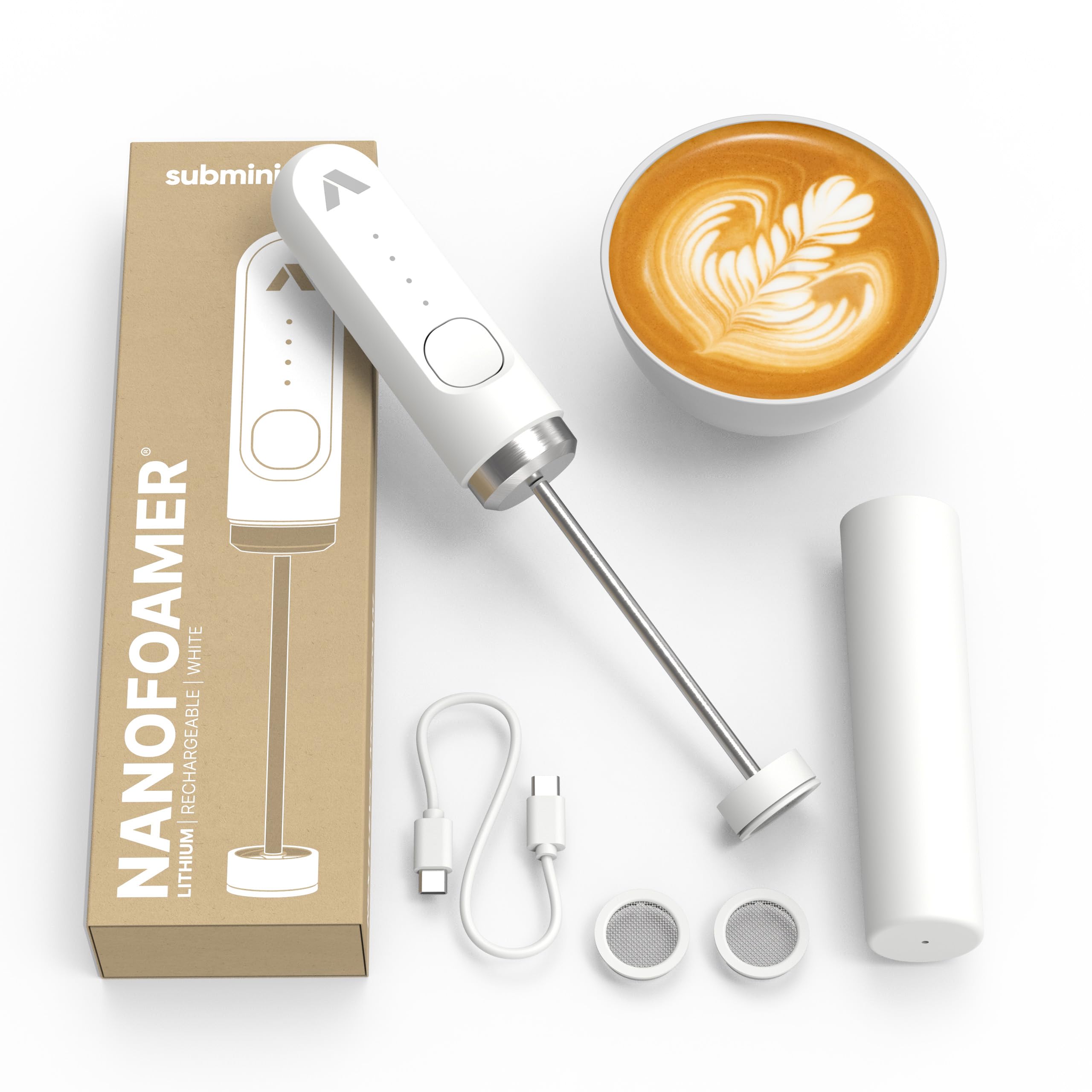 Subminimal NanoFoamer in use creating silky microfoam for home coffee.
