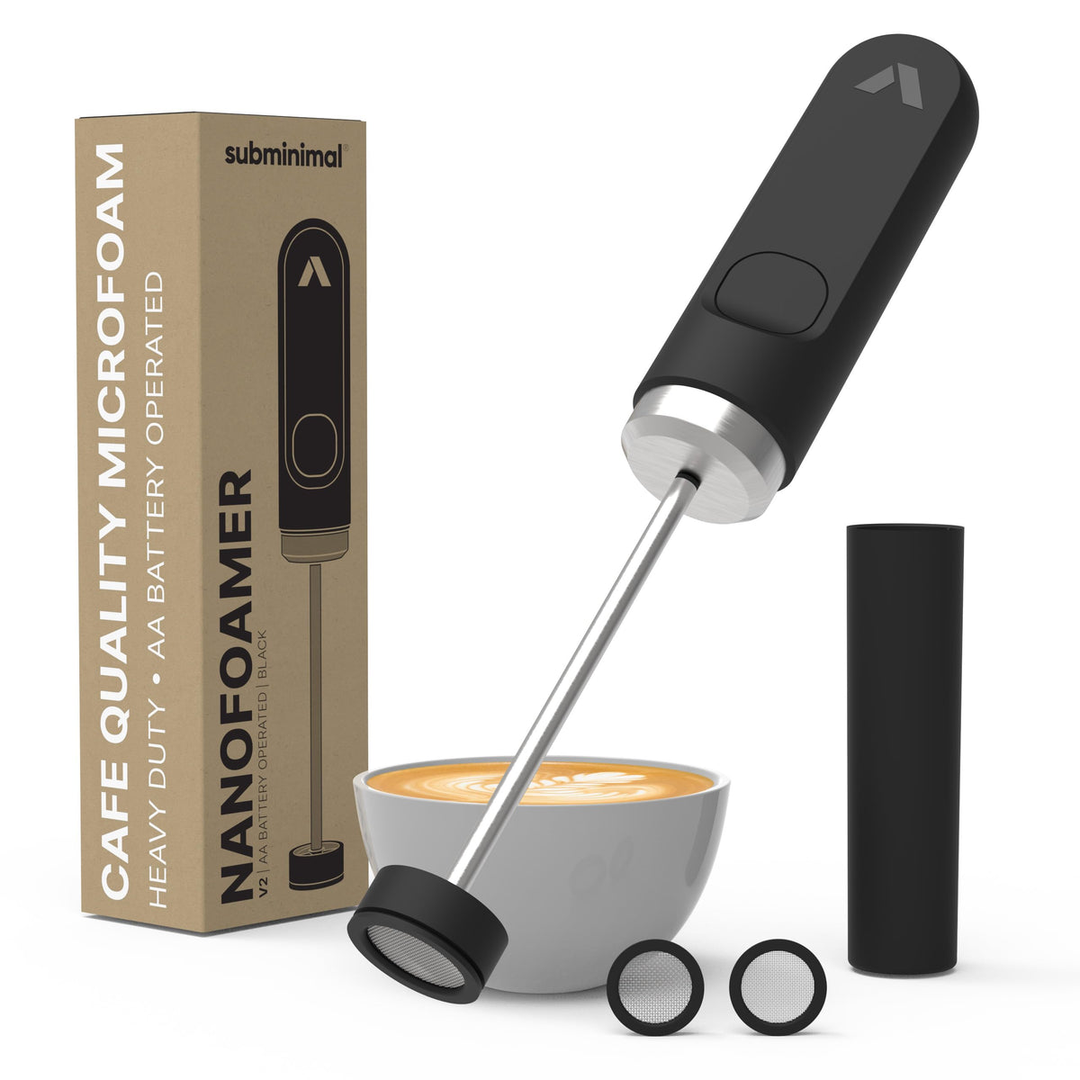 Subminimal NanoFoamer V2 front view demonstrates compact handheld design for quick milk frothing.