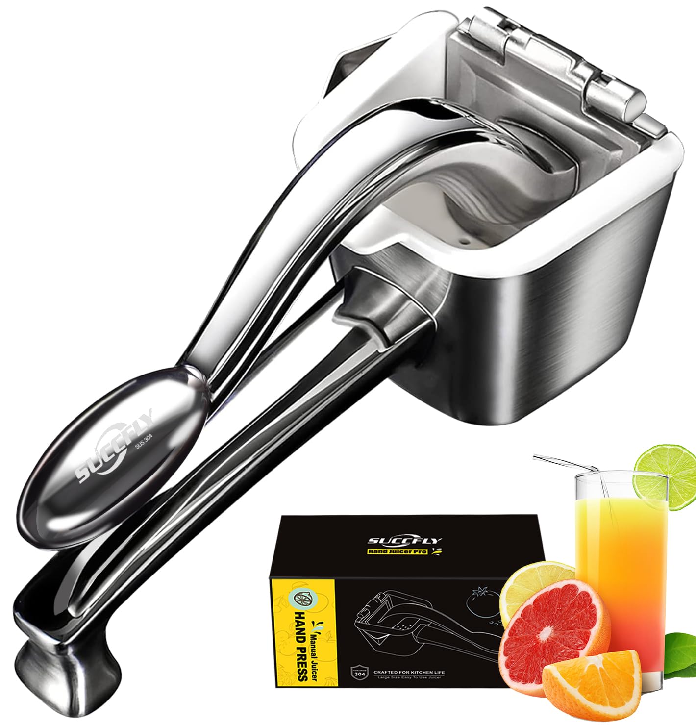 SUCCFLY lemon squeezer in stainless steel for quick, clean juice extraction.