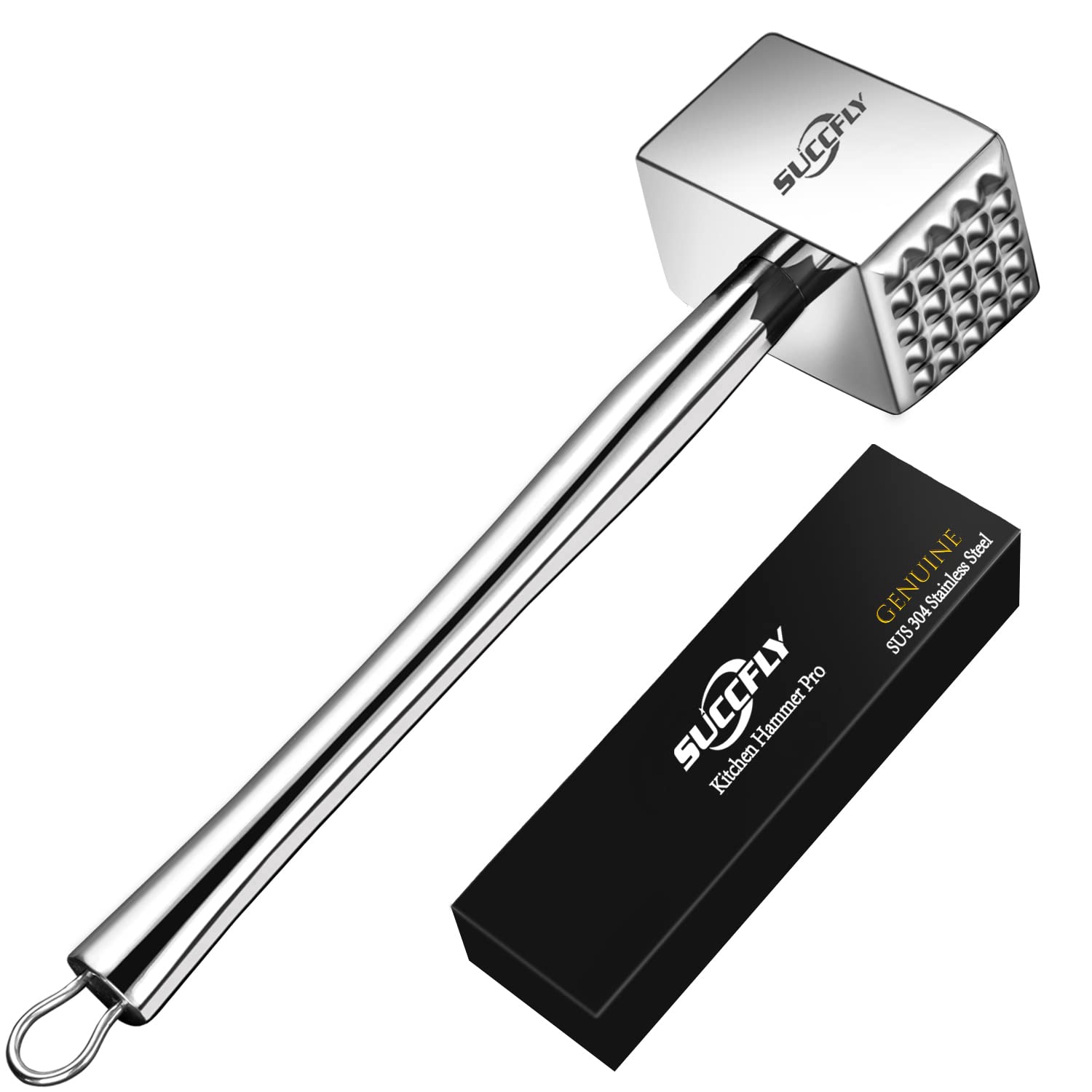SUCCFLY meat tenderizer with stainless steel head for durable, easy cleaning.