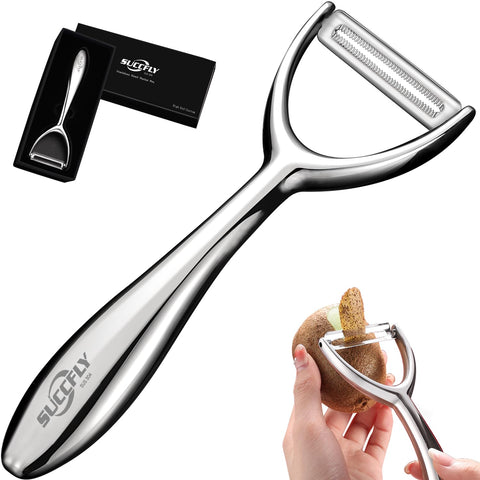 SUCCFLY vegetable peeler with ultra-sharp blade peels potatoes and carrots precisely.