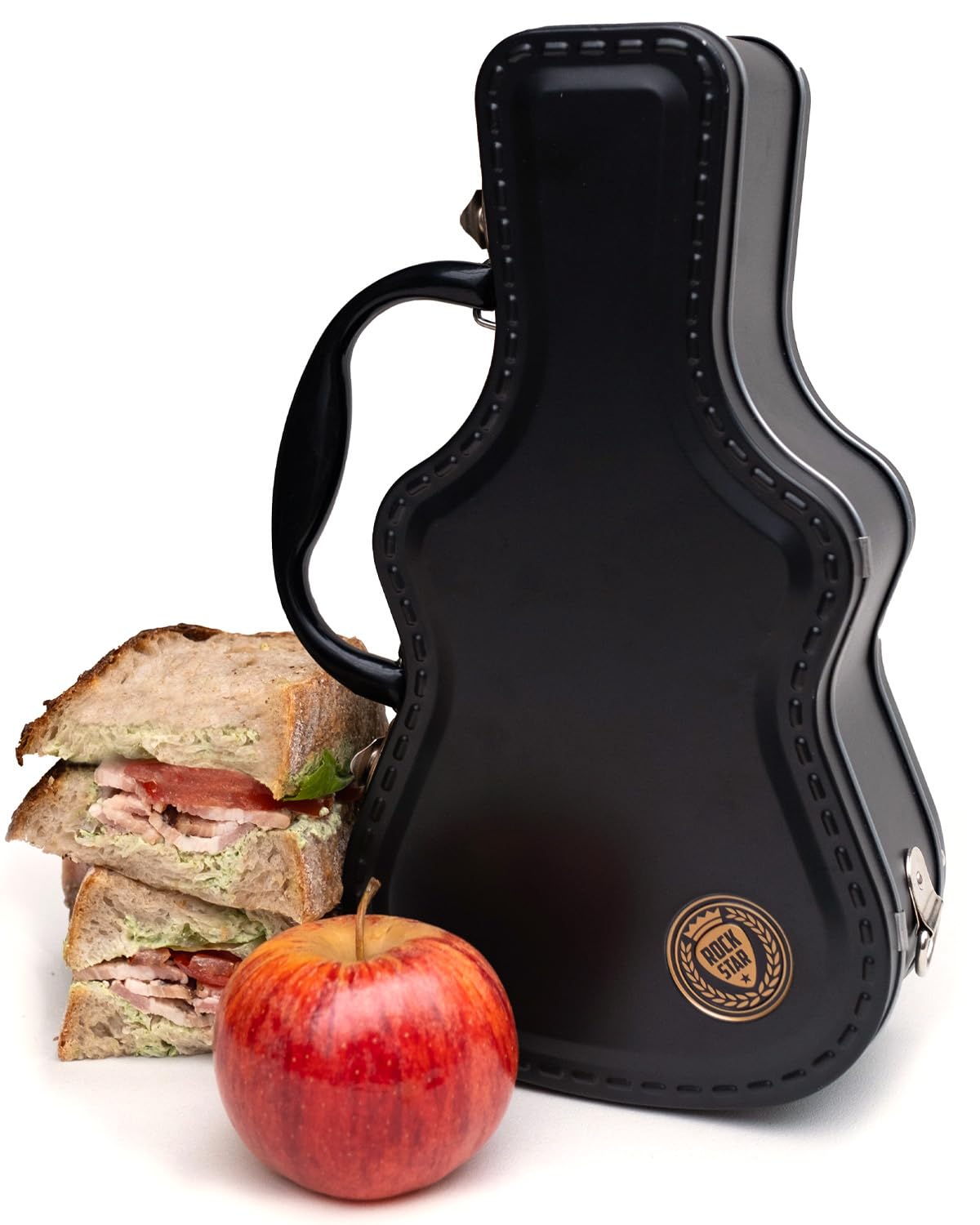 Suck UK guitar lunch box front view with playful retro design for kids' meals.