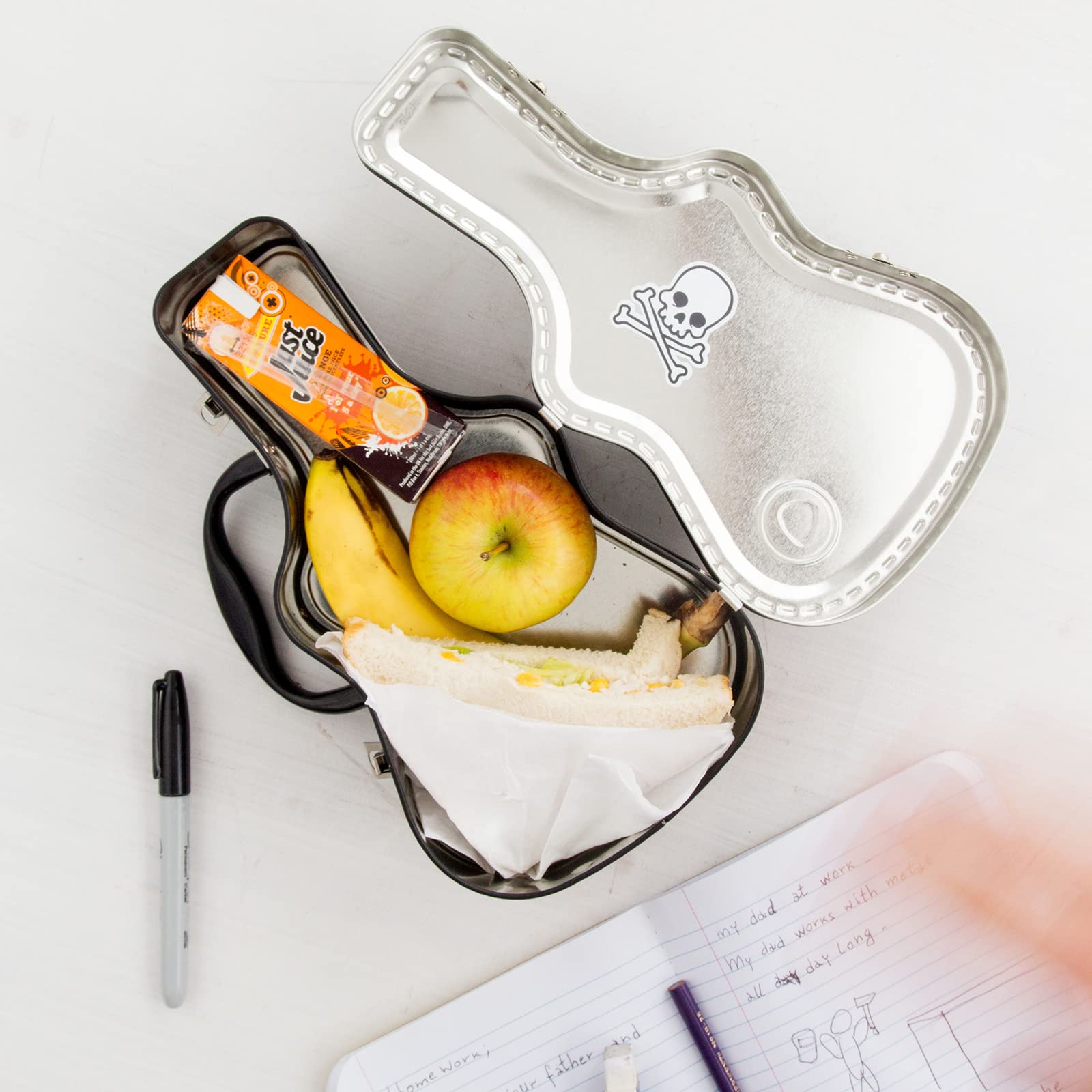Suck UK guitar lunch box side view highlighting compact portable size.