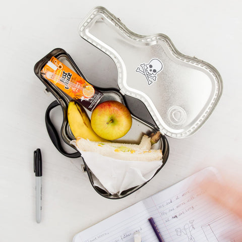 Suck UK guitar lunch box side view highlighting compact portable size.