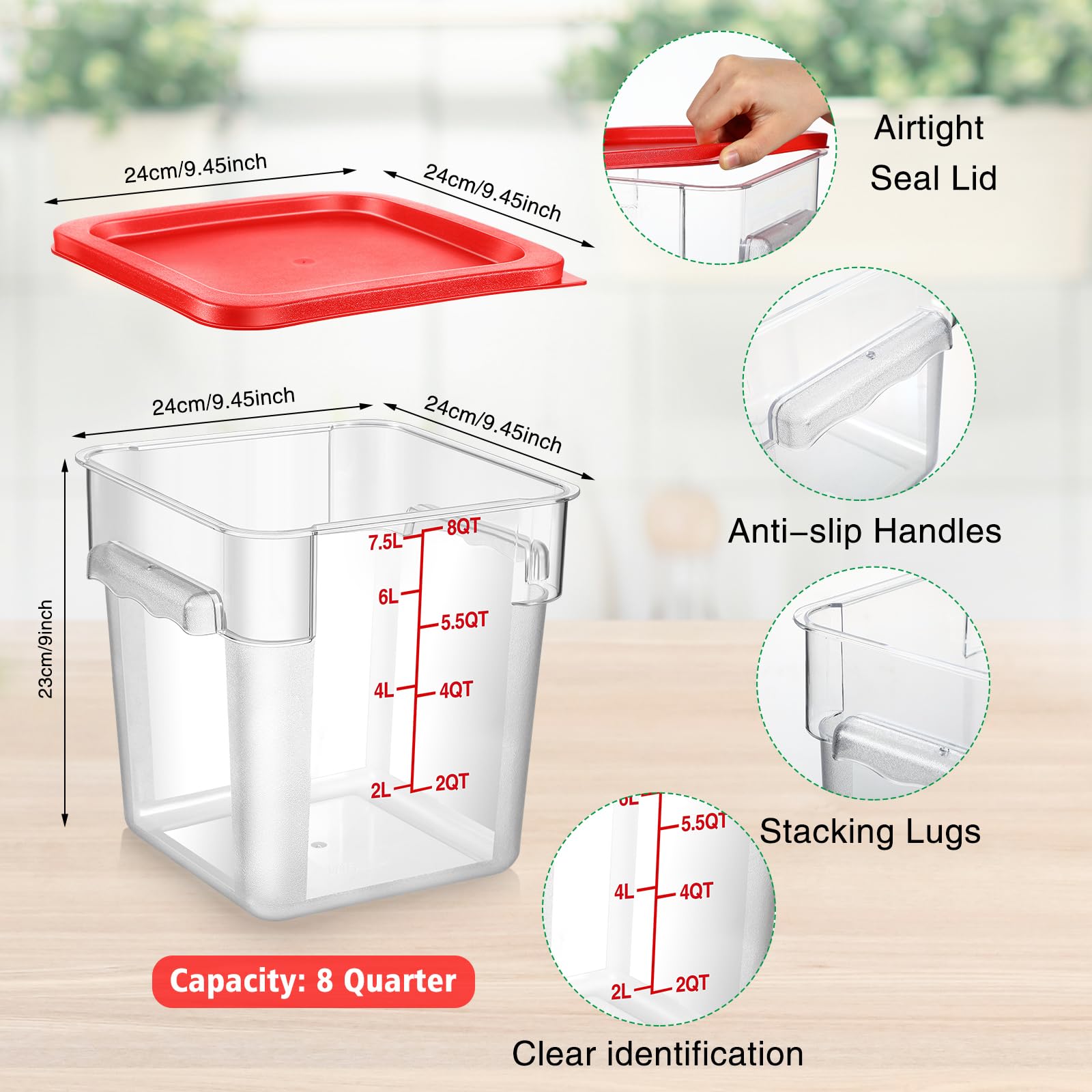 Suclain 8qt container showing red measurement markings for easy portioning.