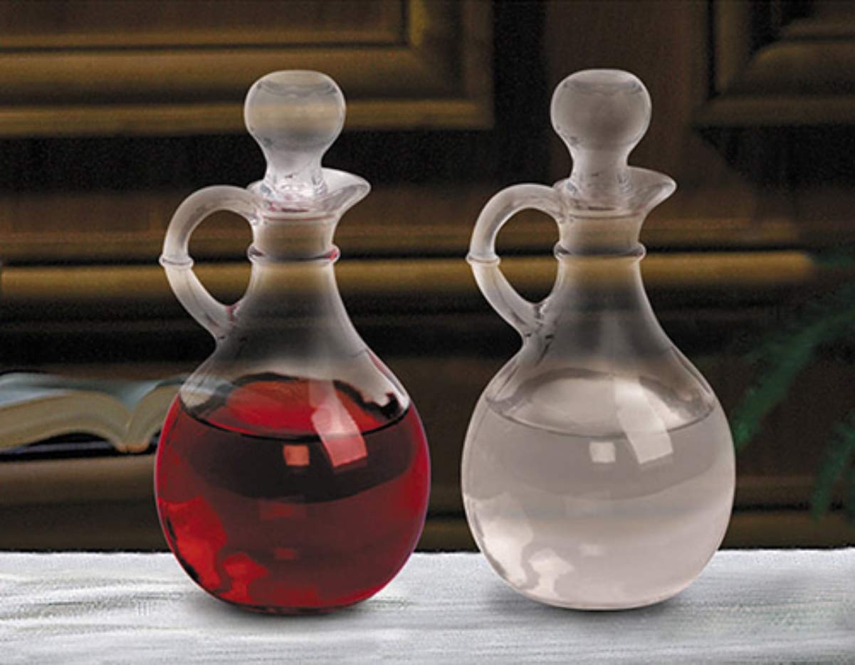Sudbury cruet pair with glass stoppers, holds up to 10 oz for sauces and oils.
