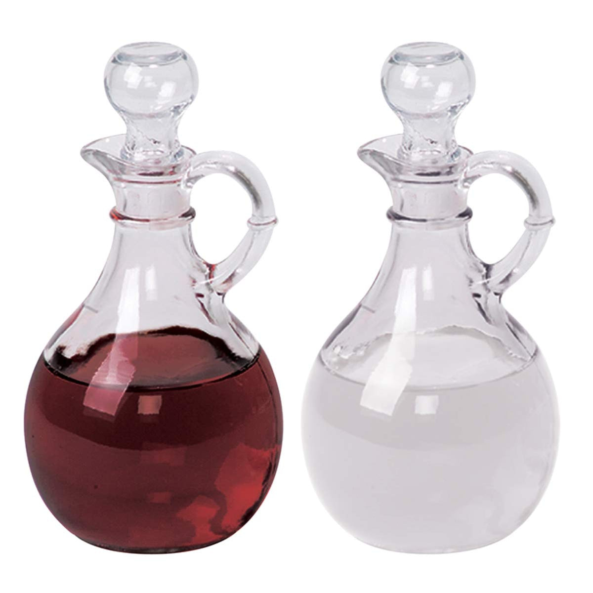 Sudbury glass cruet set with stoppers, ideal for oils and vinegars during gatherings.
