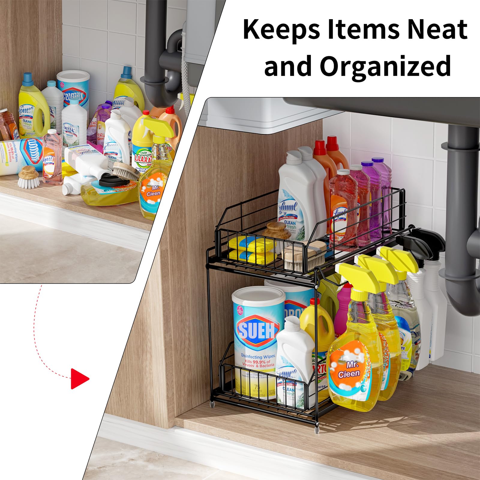 SUEH DESIGN under-sink organizer with drawer stops for secure storage