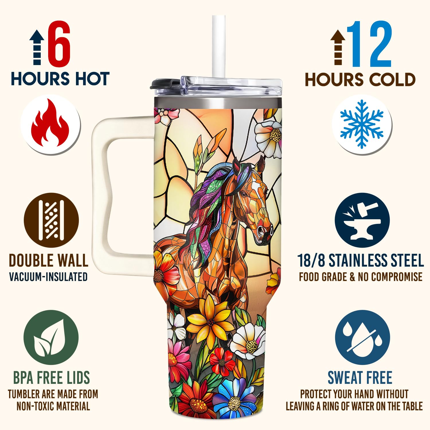SUFAVN 18-8 stainless steel tumbler for durable, rust-resistant use.