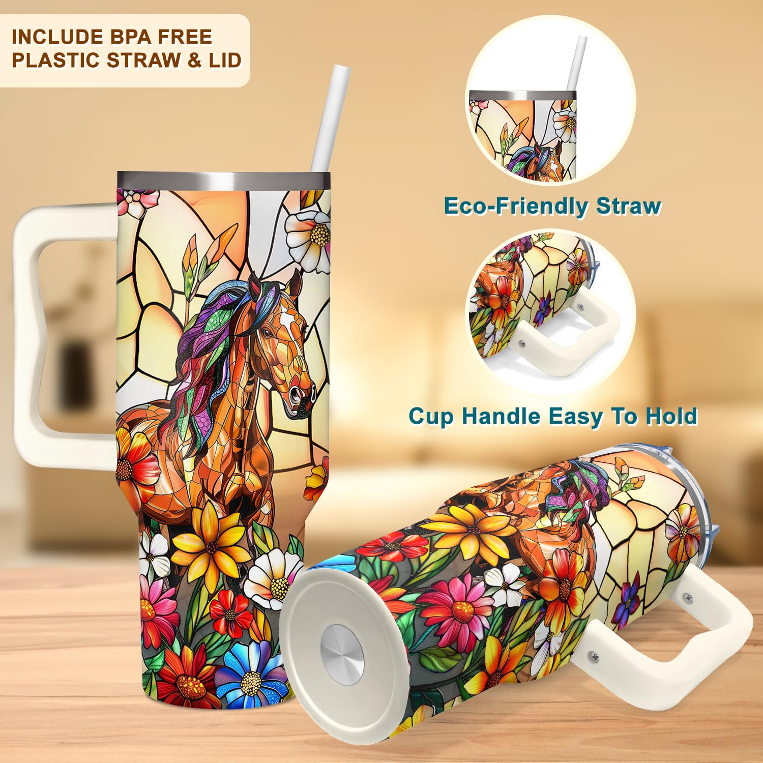 SUFAVN 40oz horse tumbler with handle for rides and travel.