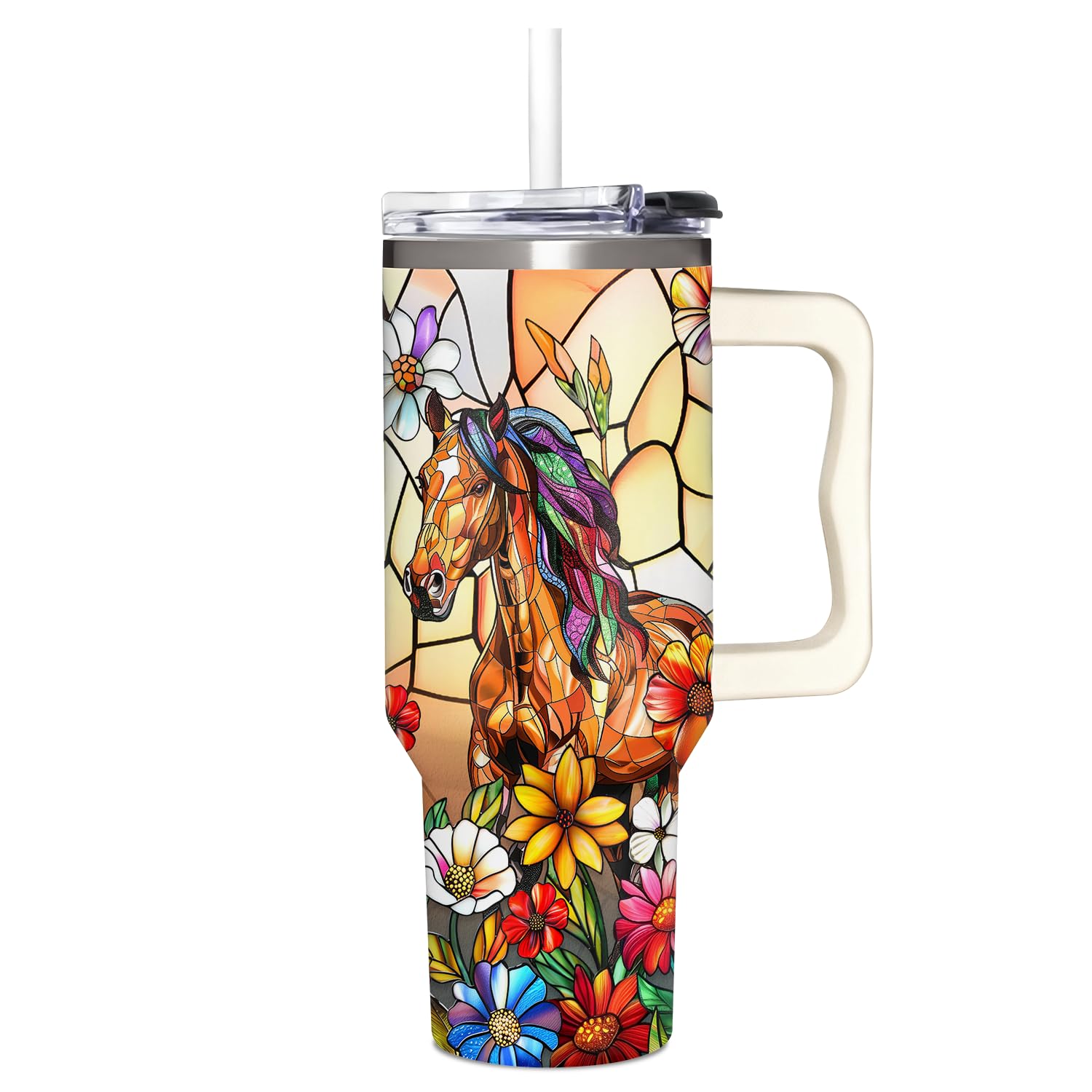 SUFAVN horse gifts tumbler with stained-glass horse design for on-the-go sipping.