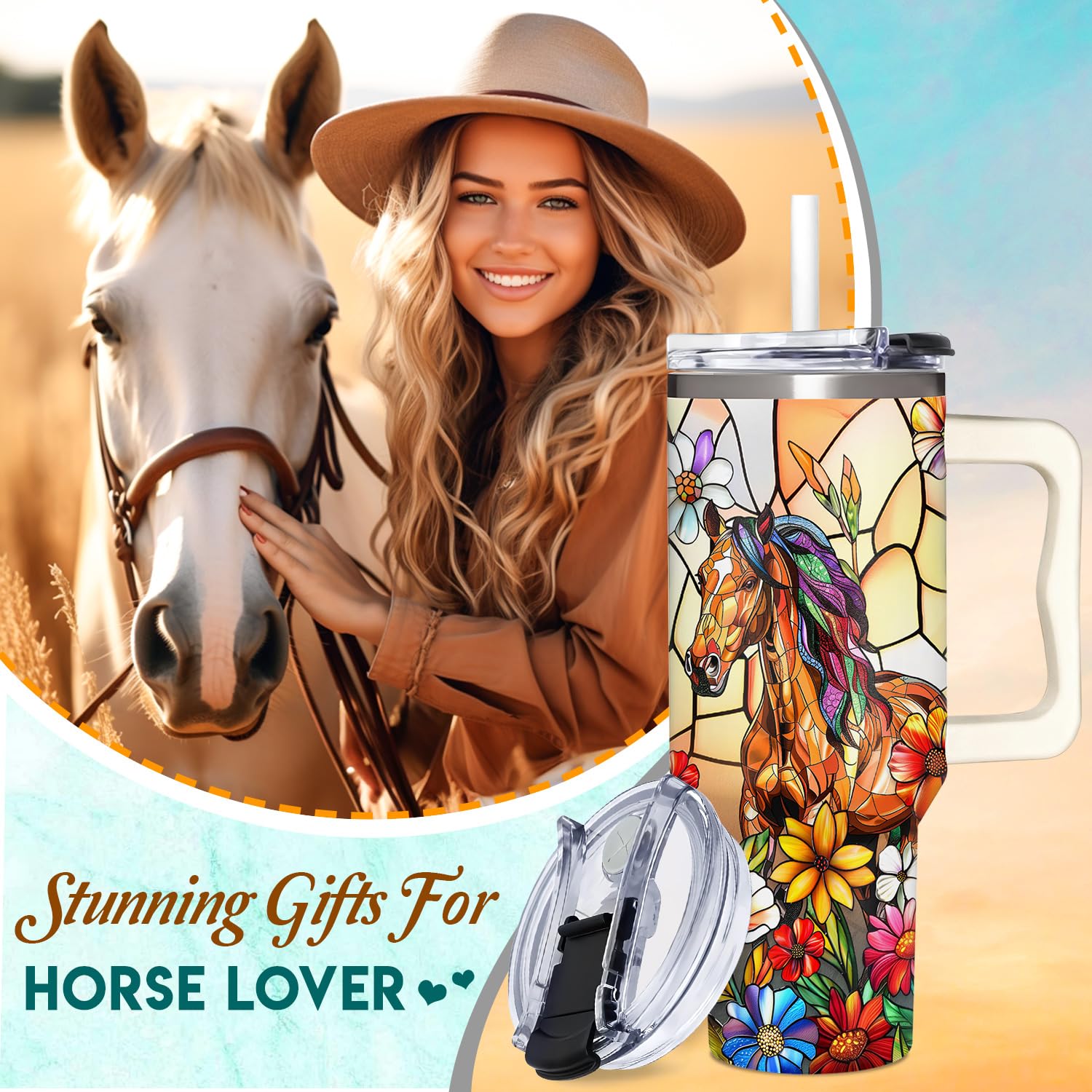 SUFAVN stained-glass horse design tumbler highlighting colorful artwork.