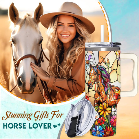 SUFAVN stained-glass horse design tumbler highlighting colorful artwork.