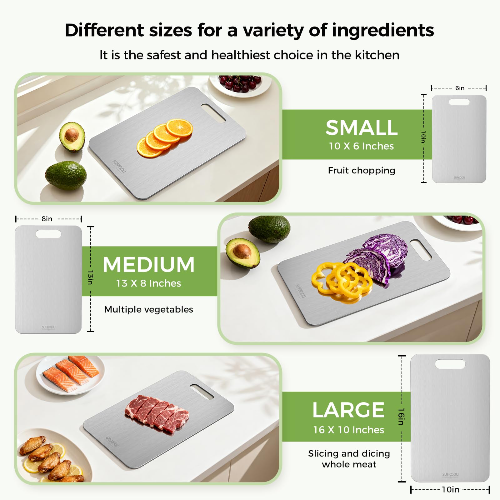 Sufkodu titanium cutting board 13x8 size ideal for mid-sized chopping.