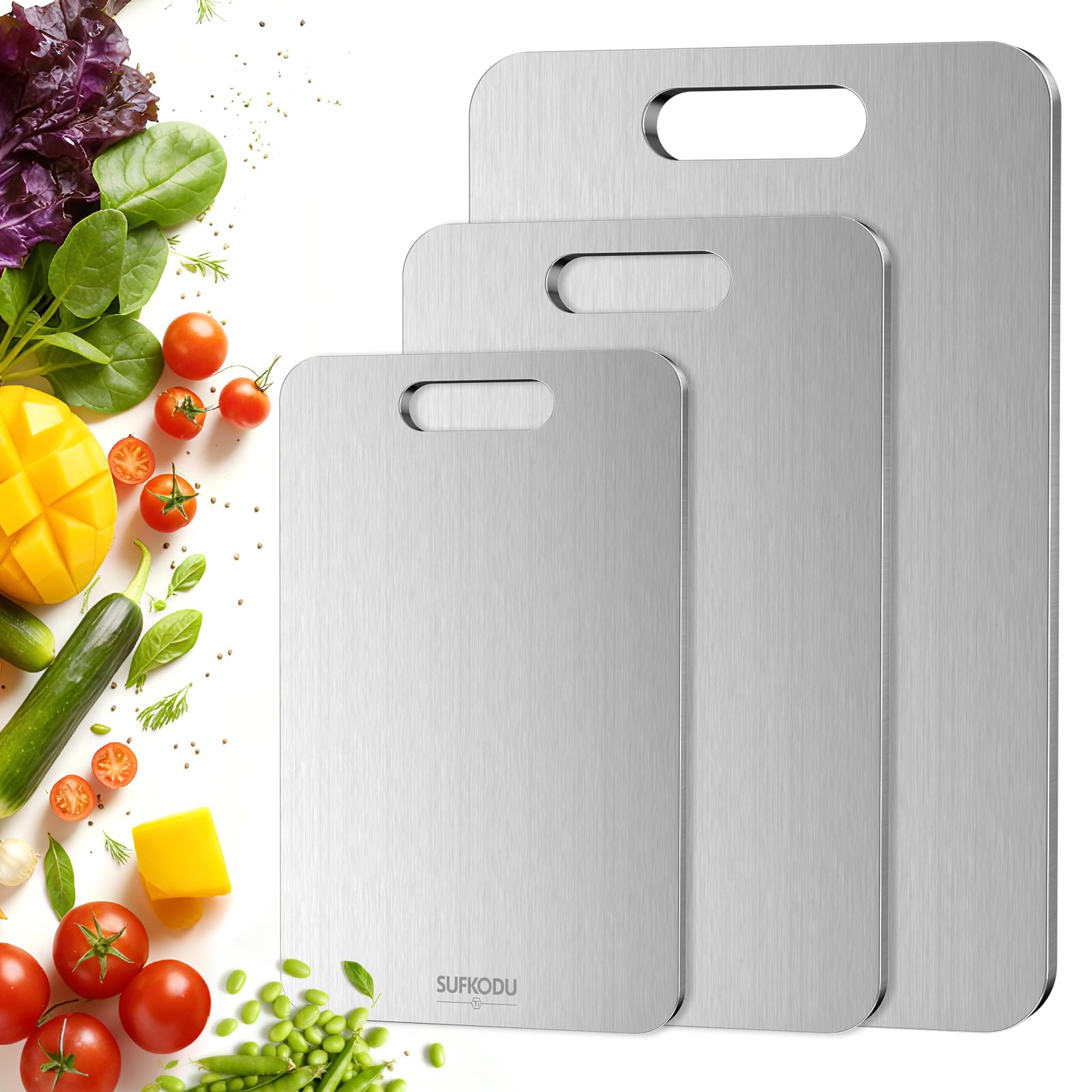 Sufkodu titanium cutting board 3-piece set shown together for versatile kitchen prep.