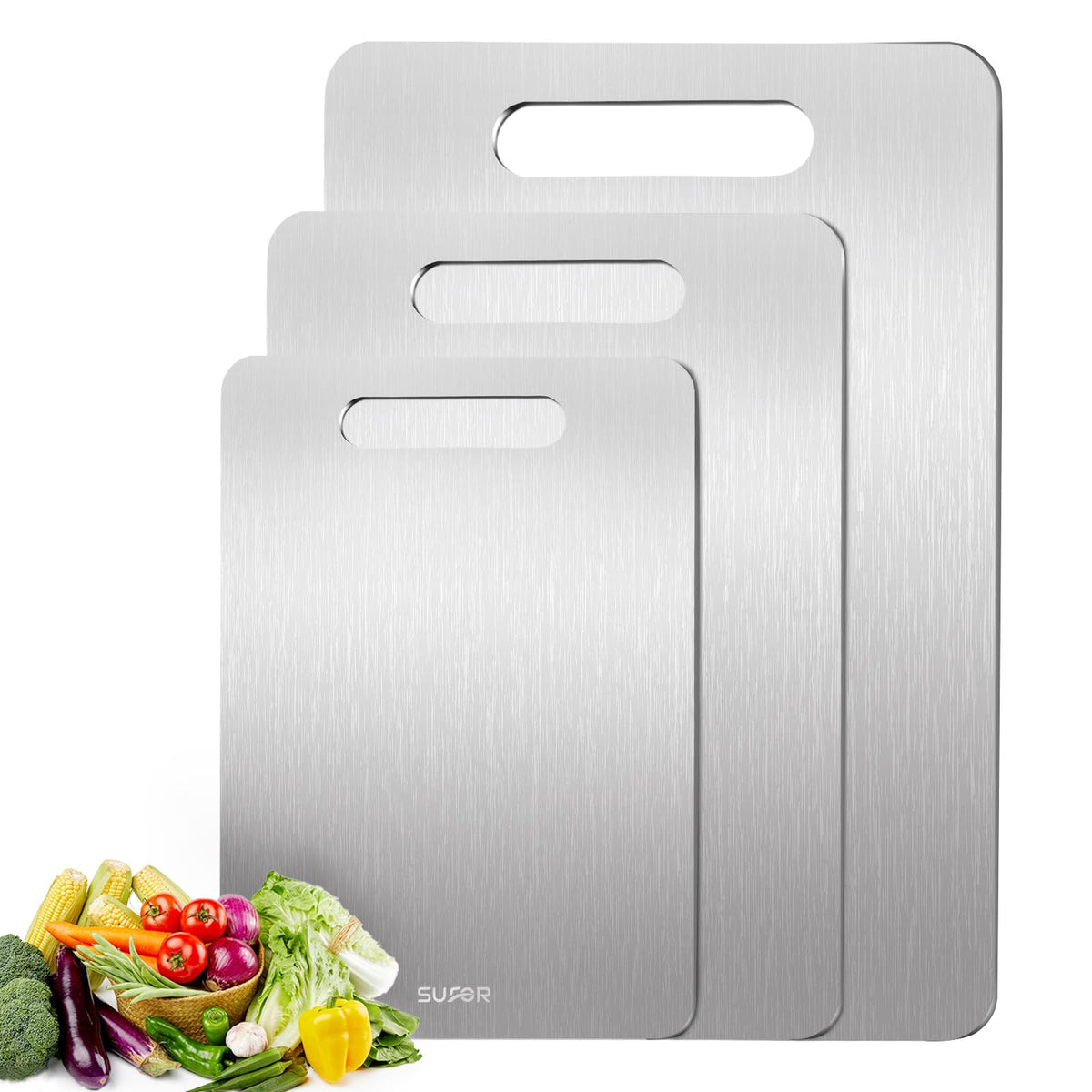 SUFOR 3-pack titanium cutting boards in M size ideal for quick meat and veggie prep.