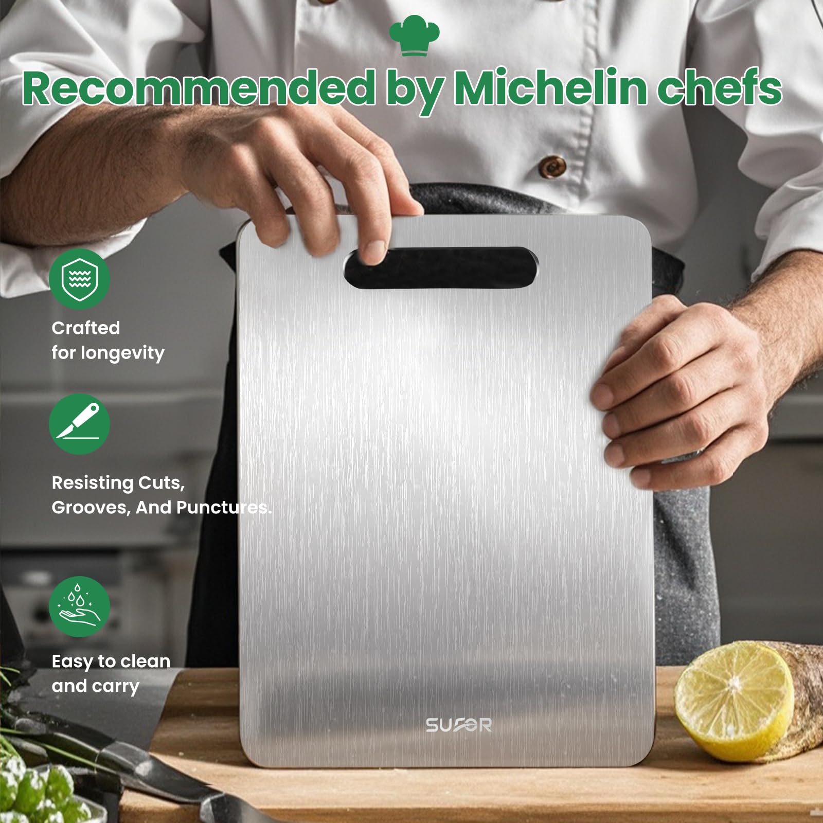 SUFOR titanium cutting board easy to clean, low-maintenance kitchen tool.