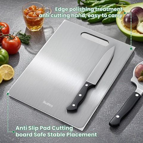 SUFOR titanium cutting board knife-friendly surface protects blade edges during cutting.